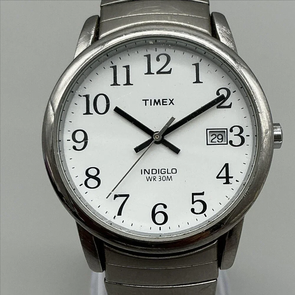 Timex Indiglo Mens Watch 35mm White Dial Silver Tone Stretch Date New Battery